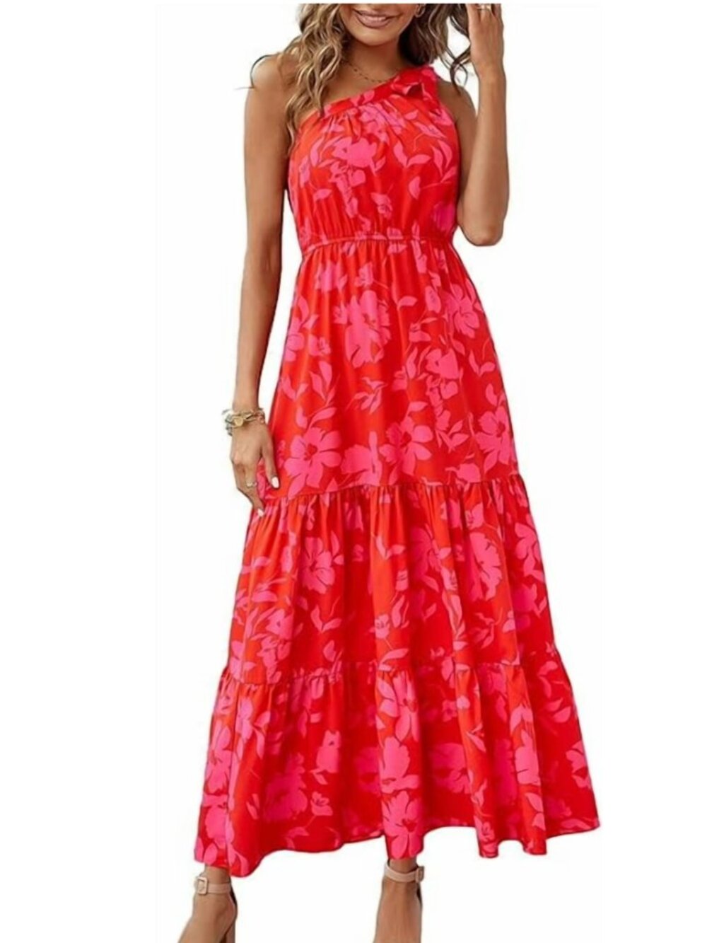 One-Shoulder Floral Maxi Dress in Red & Pink